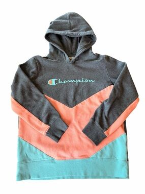 Champion Colorblock Hoodie Youth XL Gray Pink Blue Sweatshirt